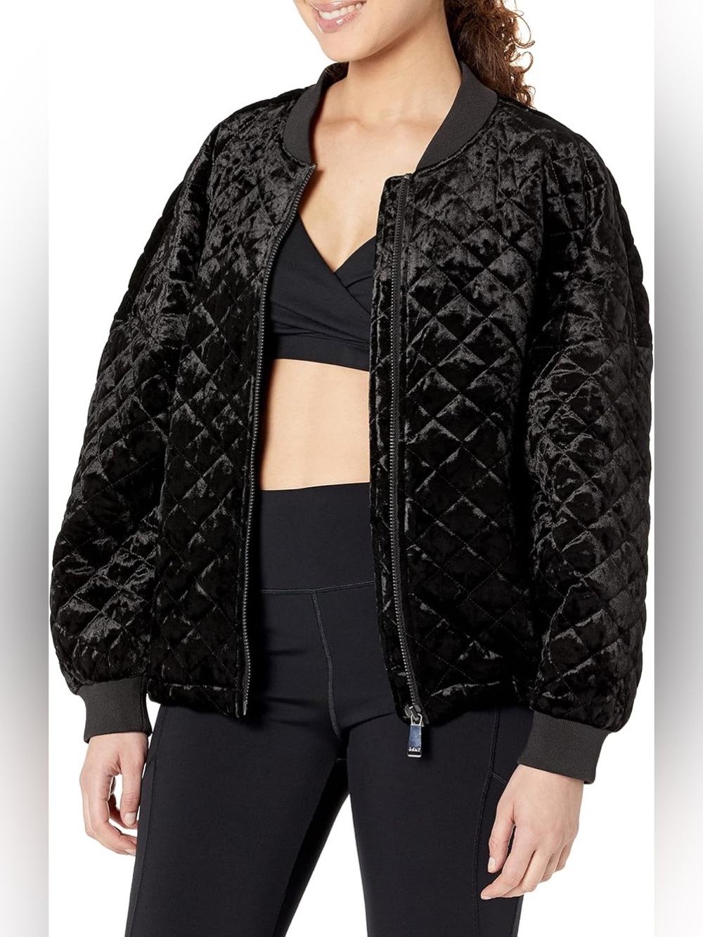 DKNY Black Quilted Velvet oversized Bomber Jacket with back pack straps
